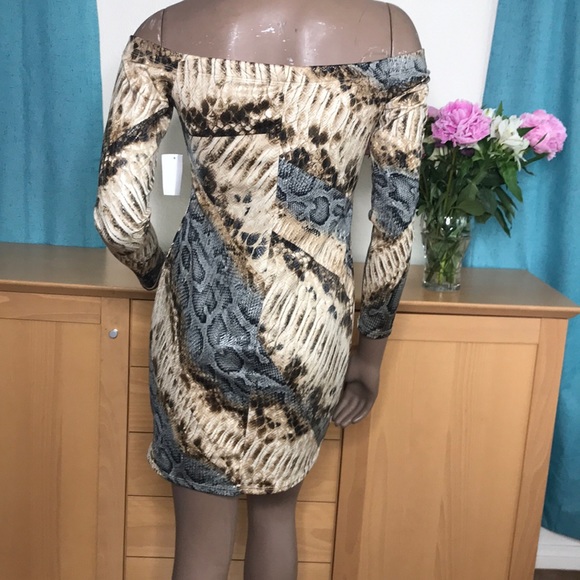Mini Dress Size Large Off Shoulder Lizard Print Brand New Neutral Gray Clubwear - Picture 5 of 7